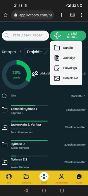 7- Työmaan dokumentointi, Työmaapäiväkirja Admicom Vision
